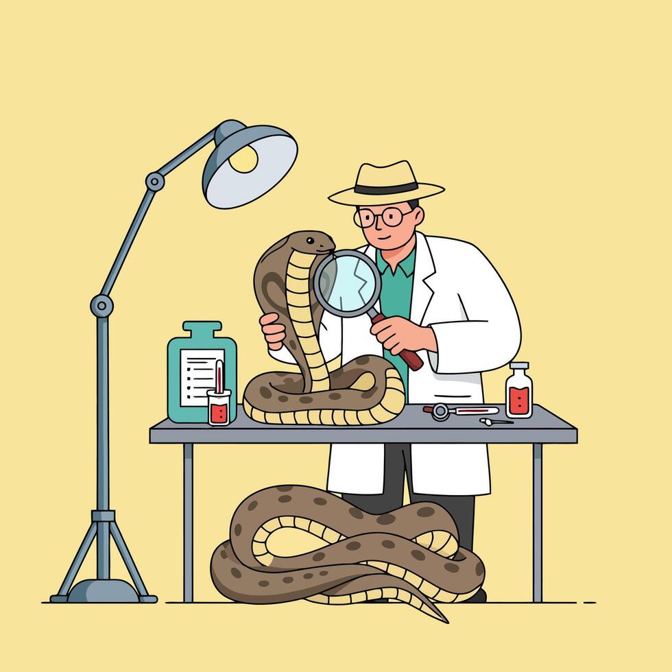 Examining Cobra with Magnifying Glass on Table vector