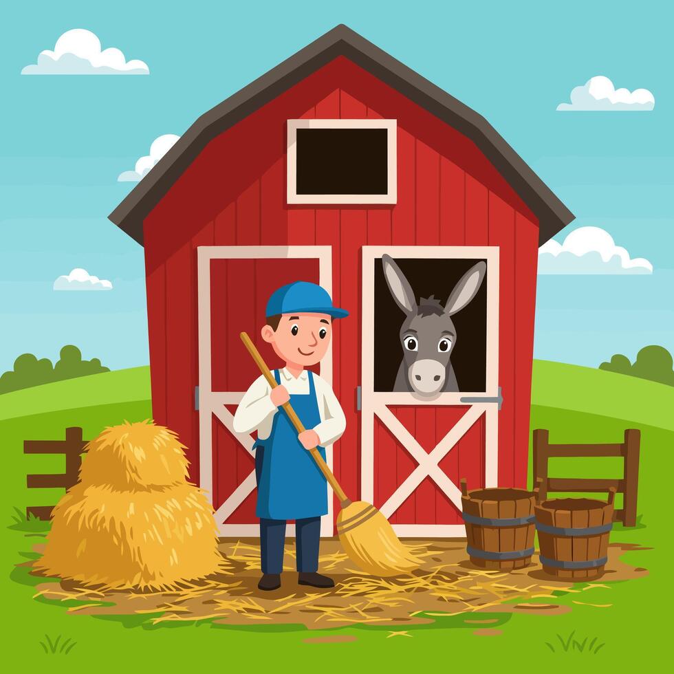 Cartoon Farmer Sweeping Hay in Barn with Donkey Watching vector