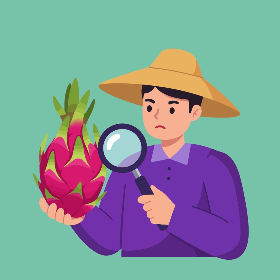 Inspecting Dragon Fruit with Magnifying Glass vector