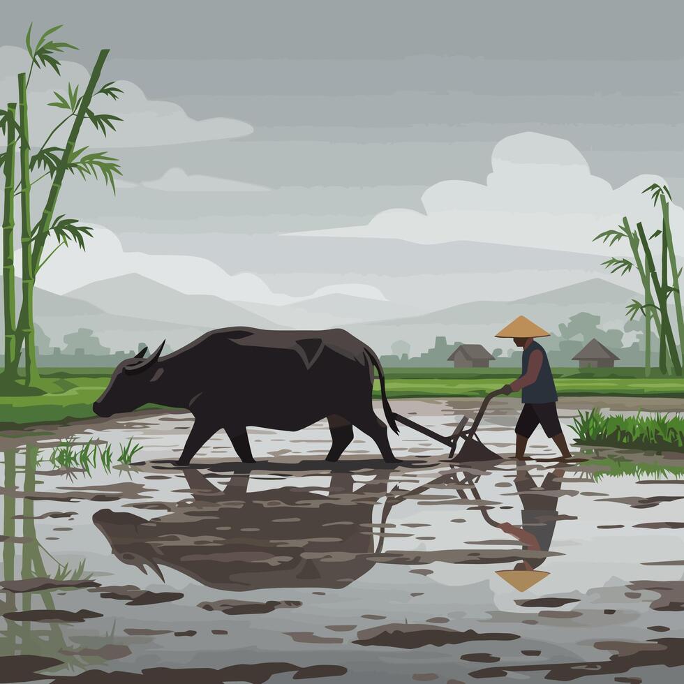 Farmer Plowing Field with Animal in Rural Landscape vector