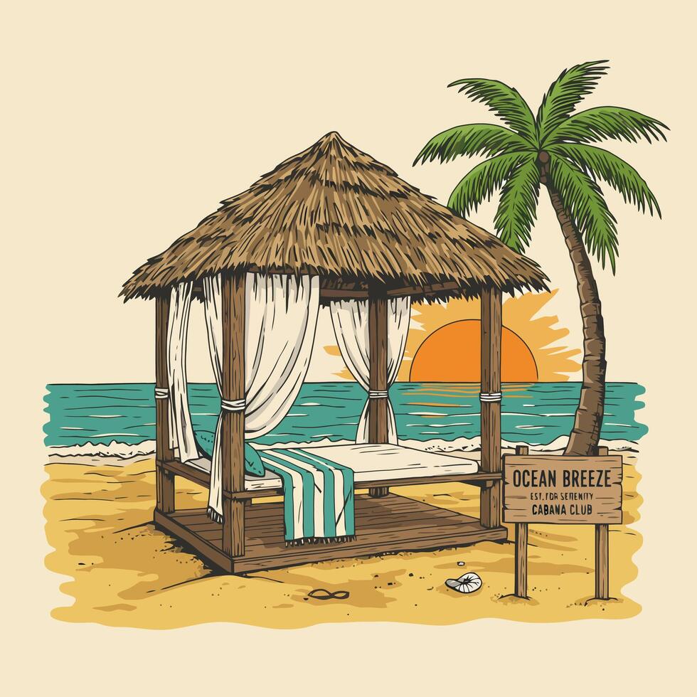 Beach Cabana with Palm Tree at Sunset vector