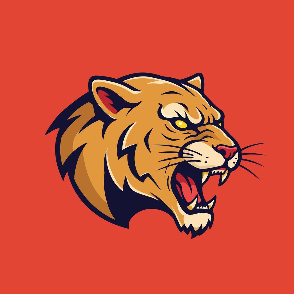 Roaring Feline Head Graphic Illustration on Red Background vector