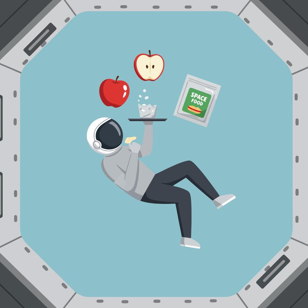 Astronaut Enjoying Food in Space Station Cartoon Style vector