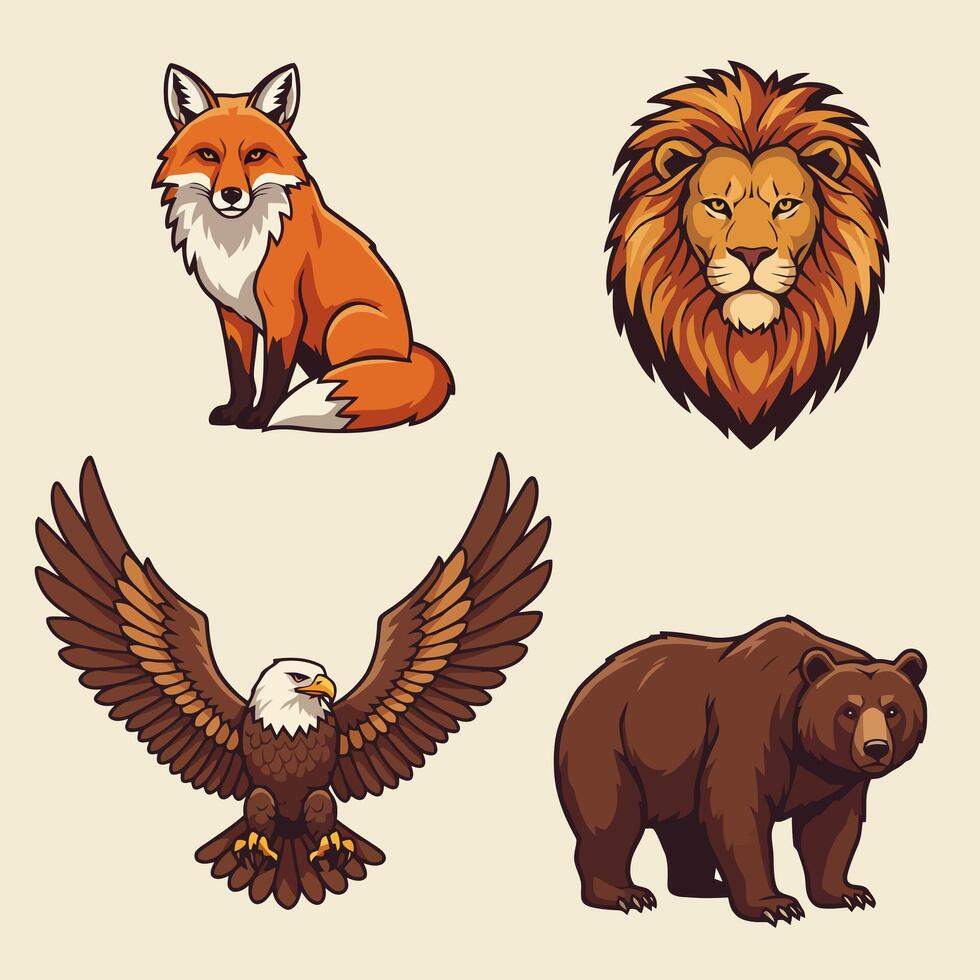 Illustration Featuring Fox, Lion, Eagle, and Bear vector