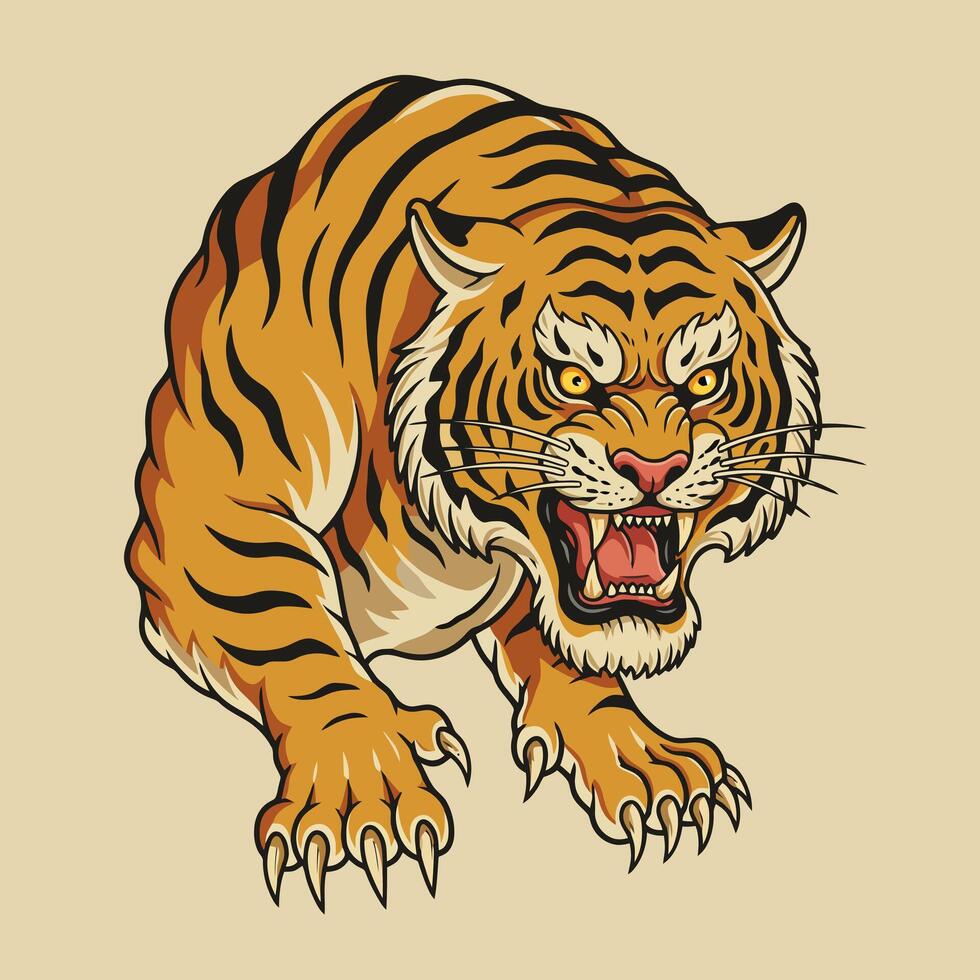 Cartoon Tiger Stalking with Open Mouth and Sharp Claws vector