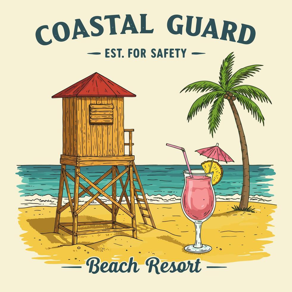 Relaxing Beach Scene with Lifeguard Tower and Drink vector