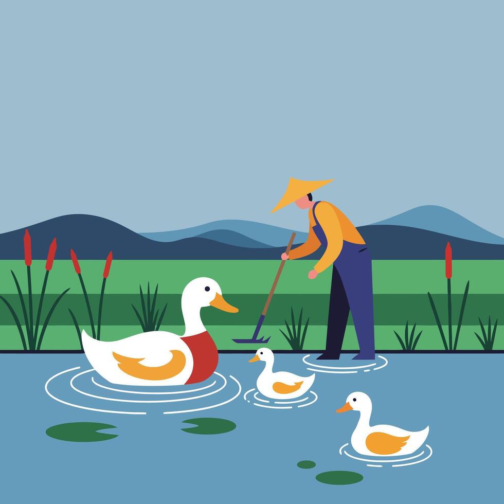 Farmer Tending Pond with Ducks in a Serene Landscape vector