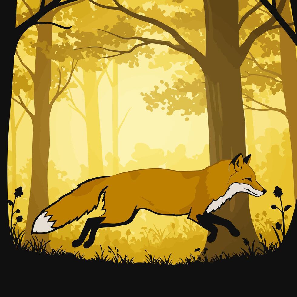 Fox Running Through Golden Forest Illustration vector