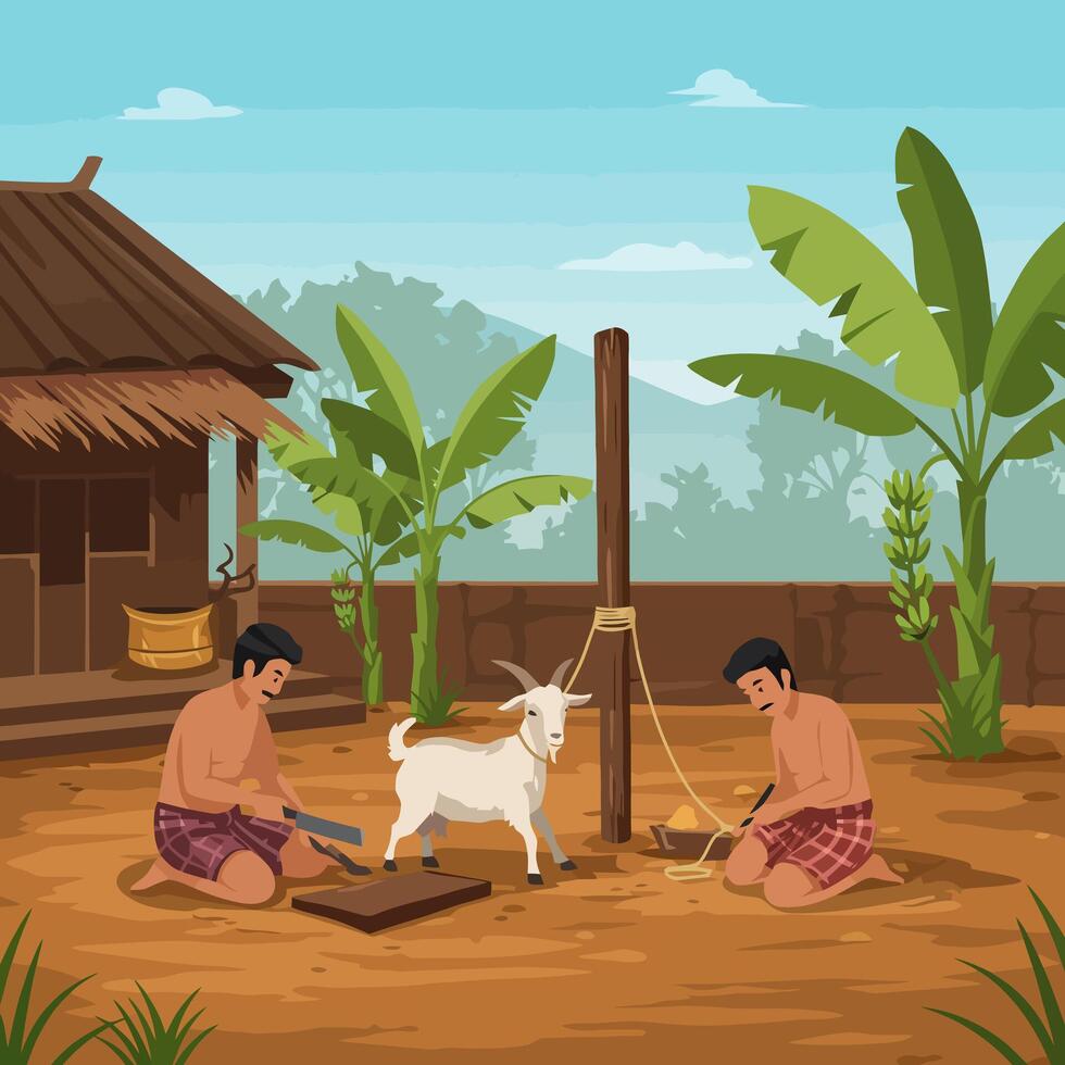 Rural Life Scene with Villagers and Goat Illustration vector