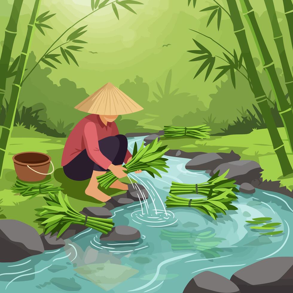 Gathering Greens by Stream Illustration vector