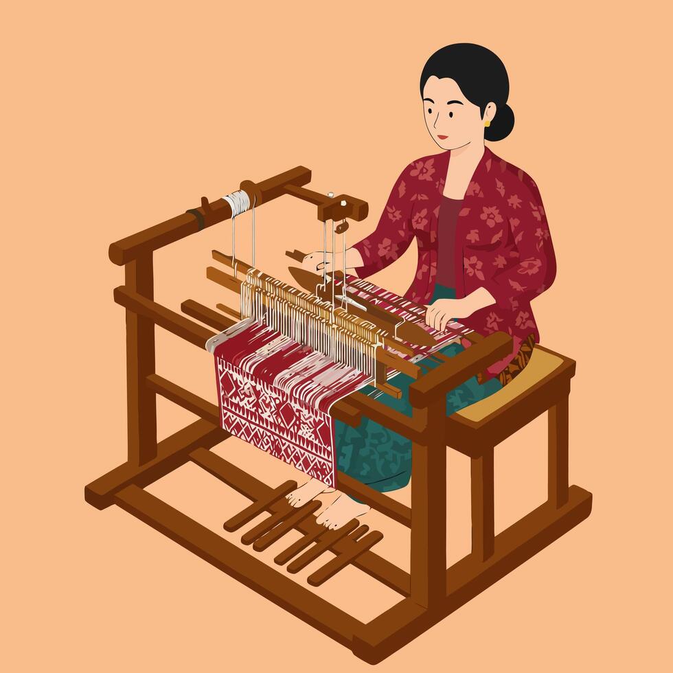 Woman Working at Loom Creating Patterned Textile Art vector