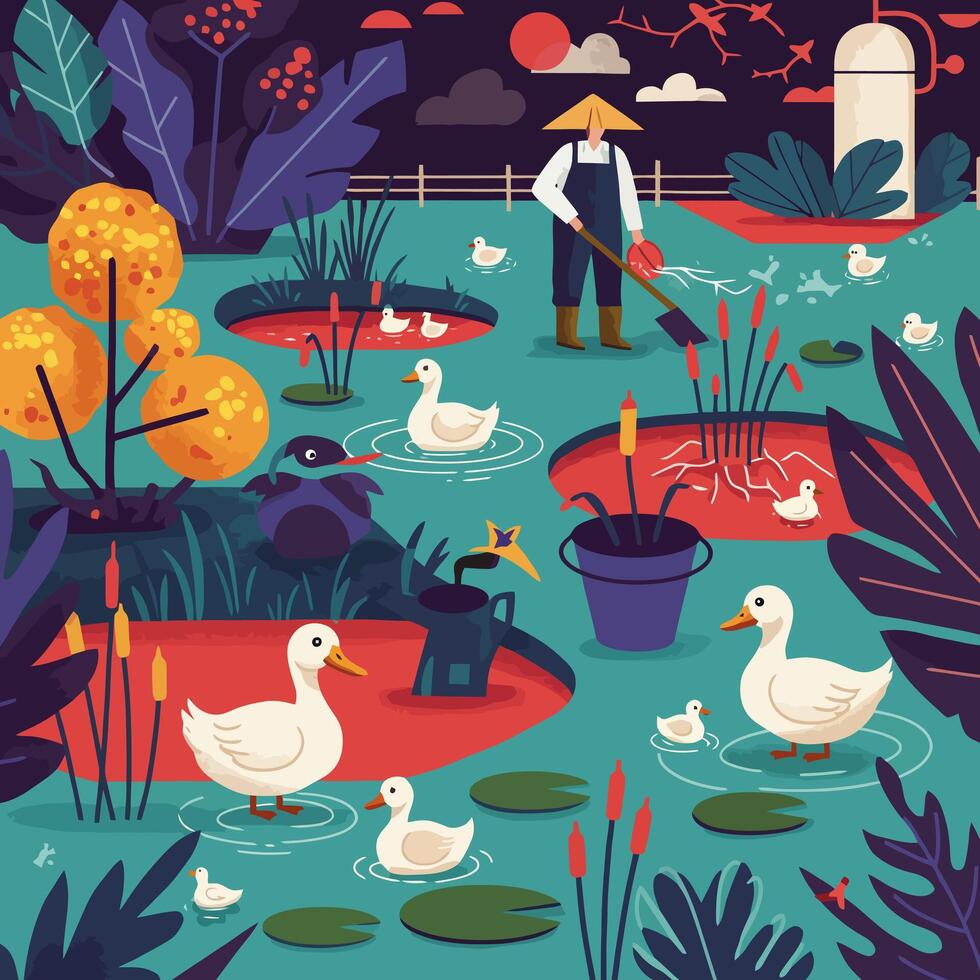 Ducks Swimming in Pond Water Illustration Art vector