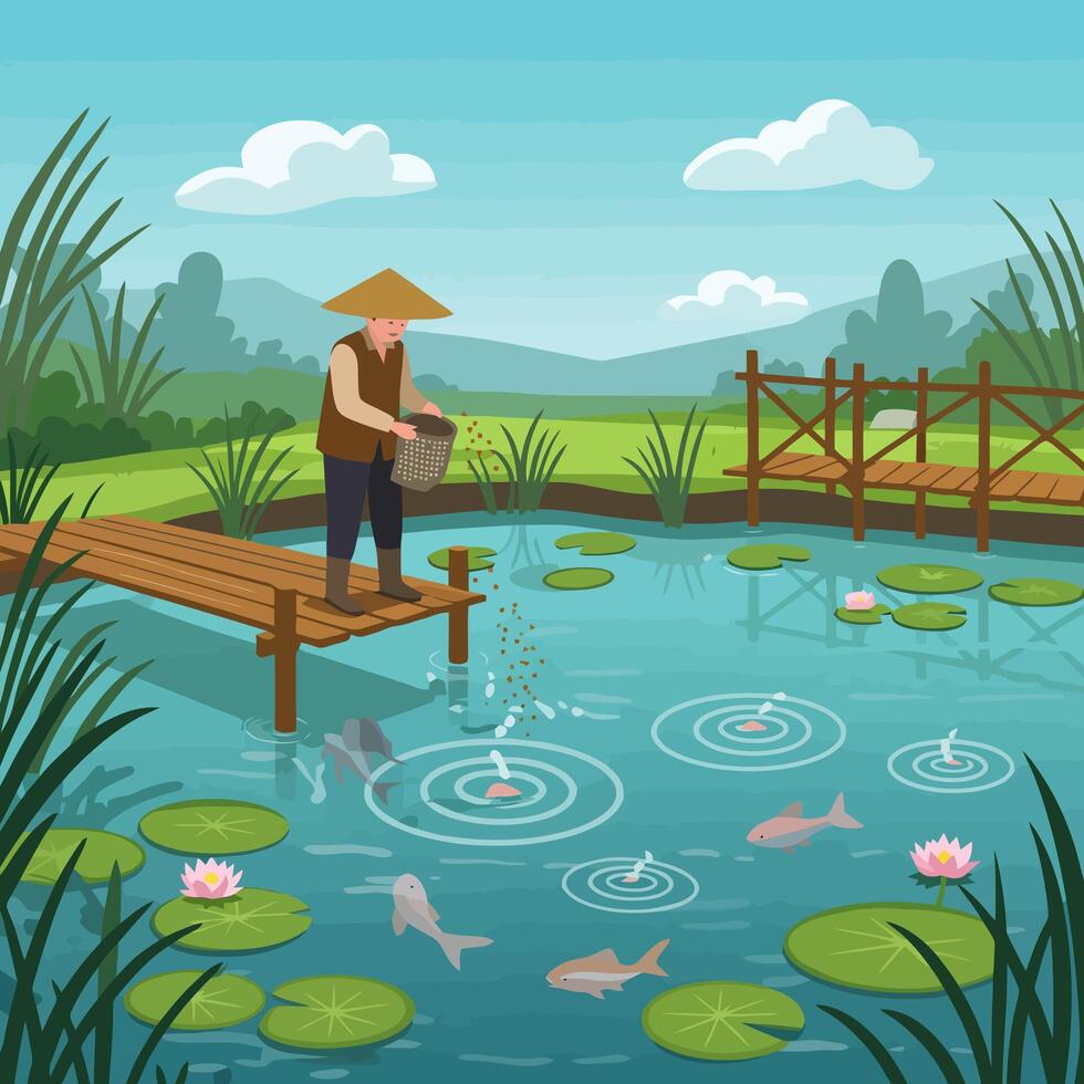 Feeding Fish in Pond with Lily Pads and Wooden Bridge vector