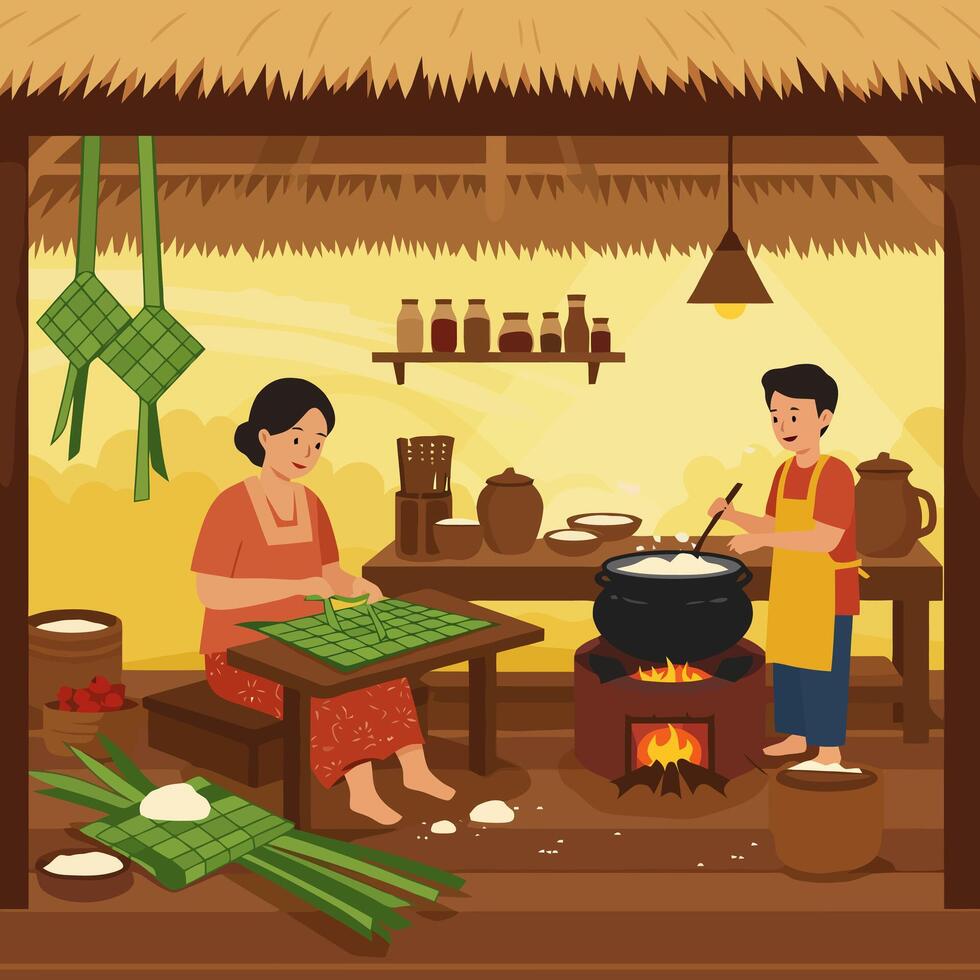 Preparing Traditional Food in a Rustic Kitchen Setting vector