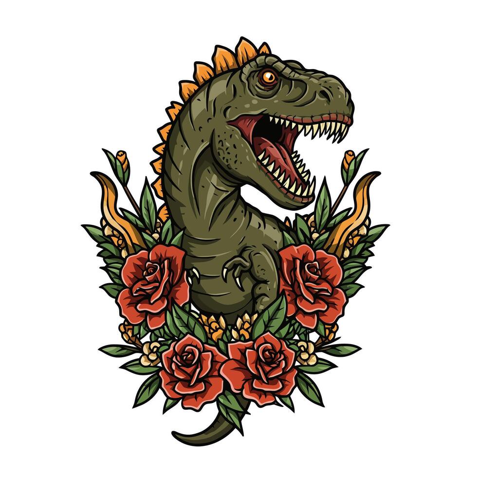 Dinosaur with Roses in Cartoon Style on White Background vector