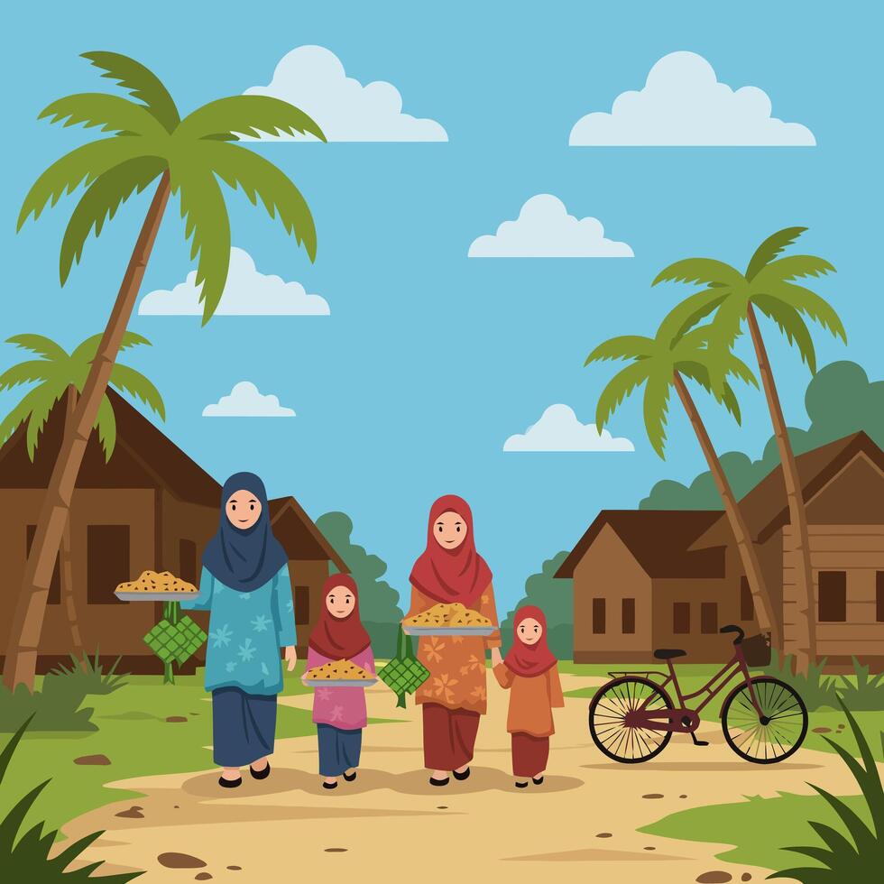 Family Walking with Food in a Tropical Village Setting vector