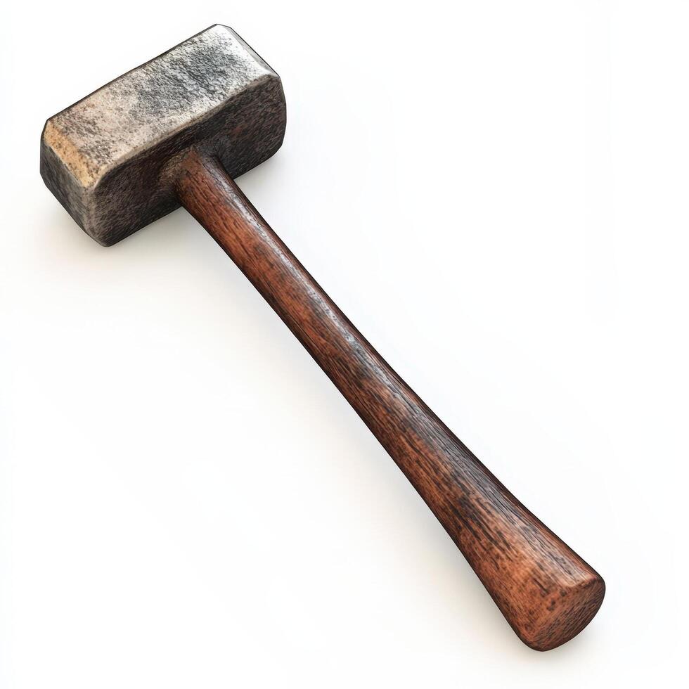A weathered wooden handled sledgehammer isolated on white photo
