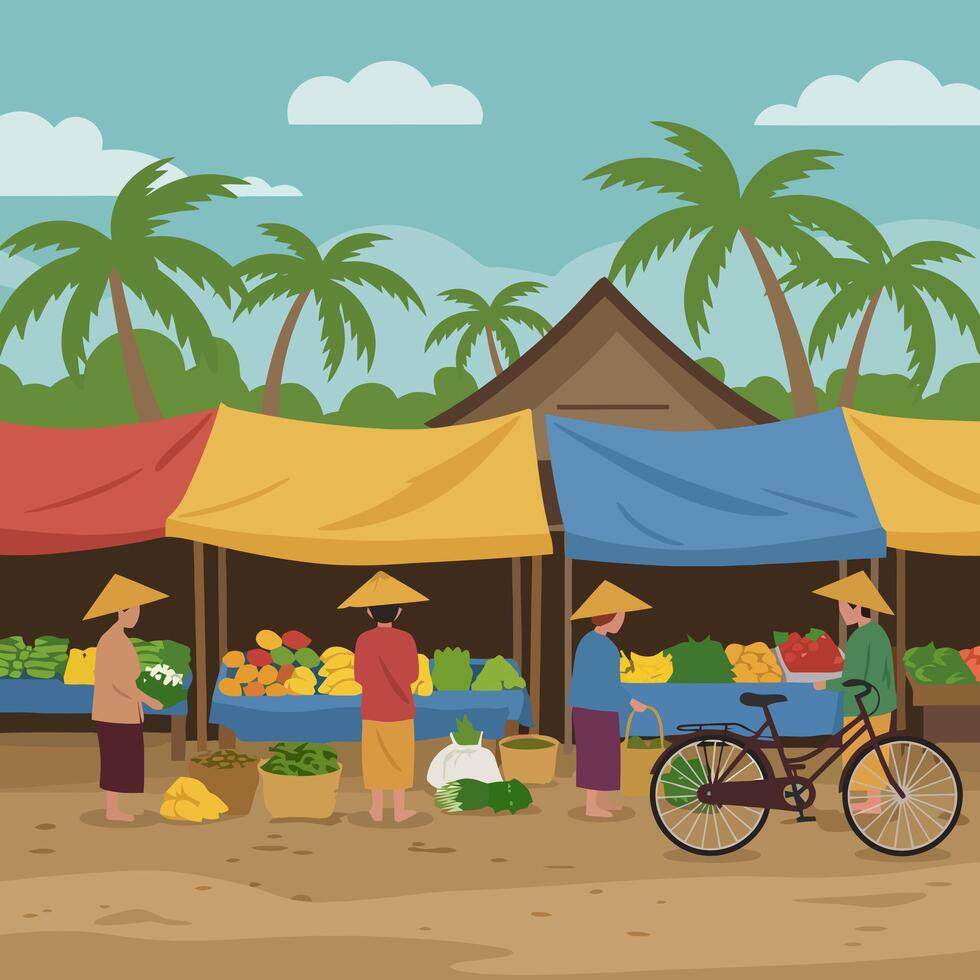 Selling Fresh Produce at Outdoor Market with Vendor vector