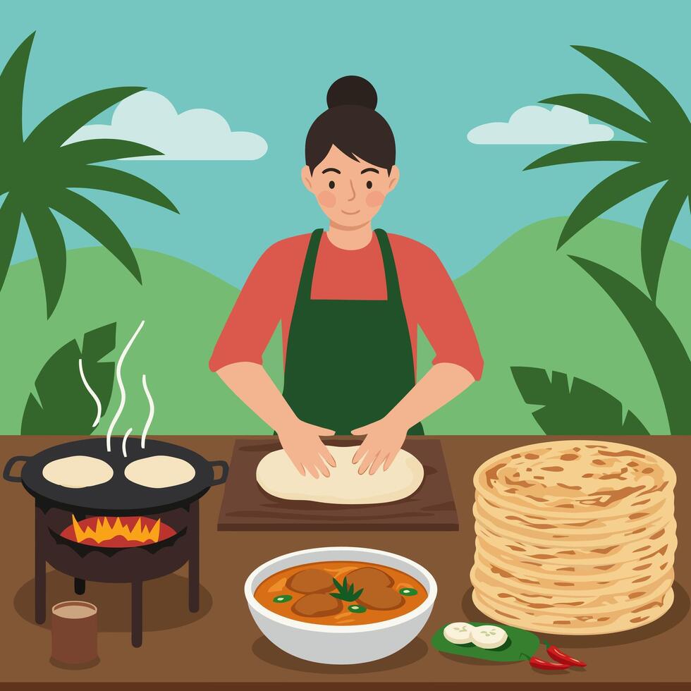Woman Preparing Flatbread with Curry and Ingredients Outside vector