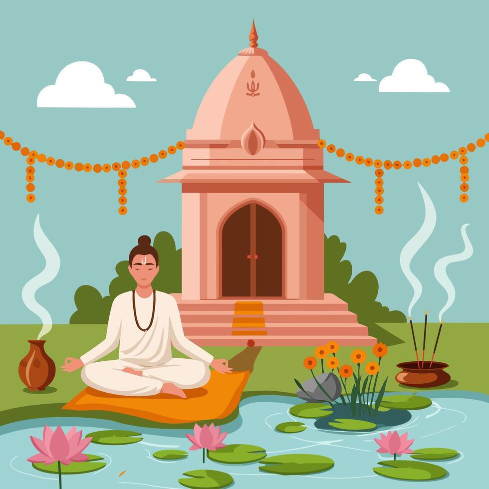 Man Meditating by Shrine, Lotus Pond and Peaceful Garden vector