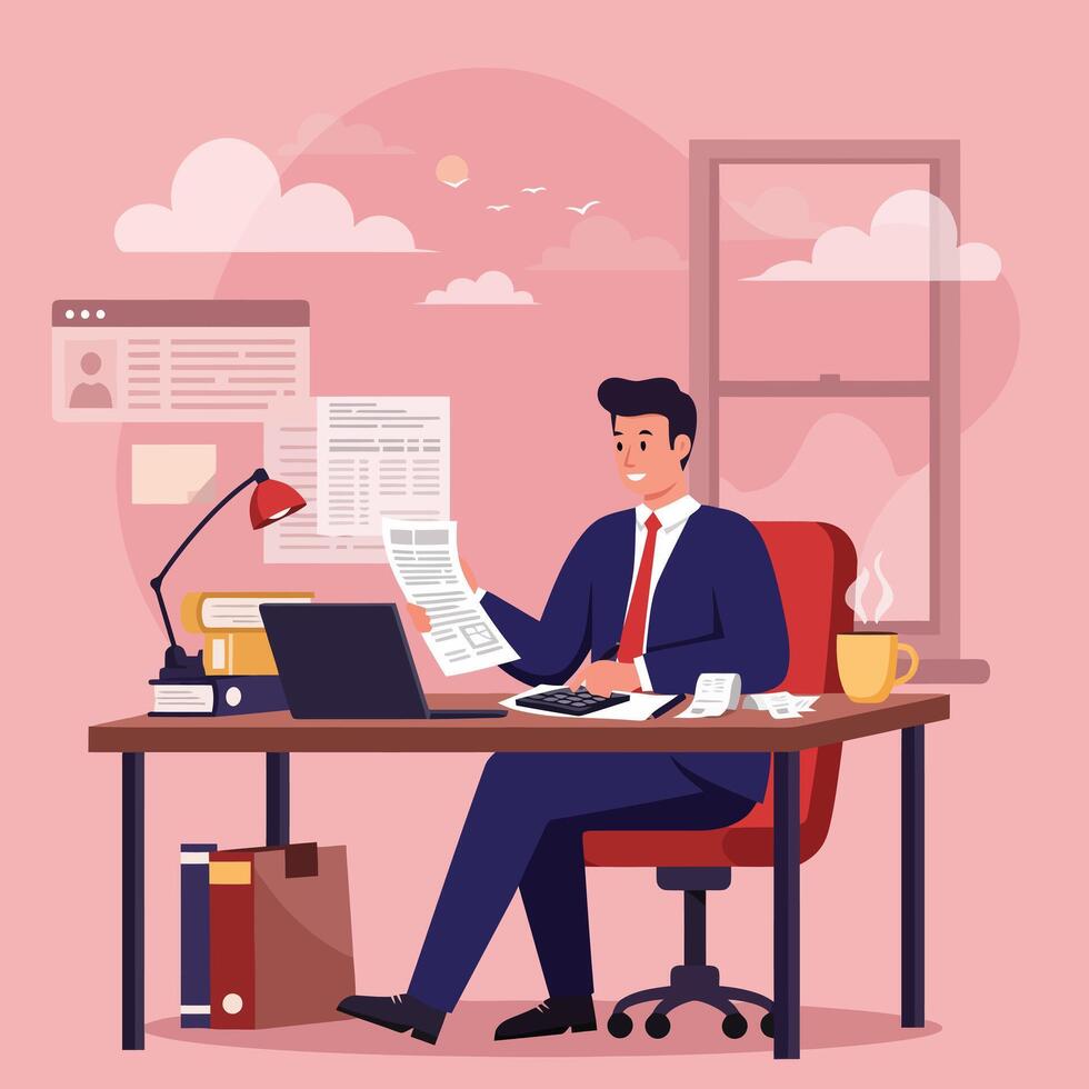 Man Working at Desk with Documents and Laptop Smiling vector