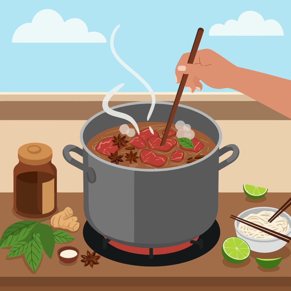 Cooking Beef Stew in Pot with Steam and Aromatics vector