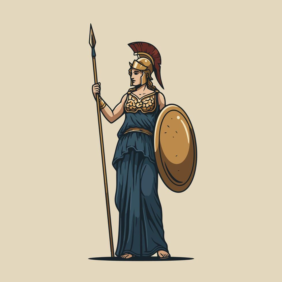 Standing Woman Holding Spear and Shield Illustration vector