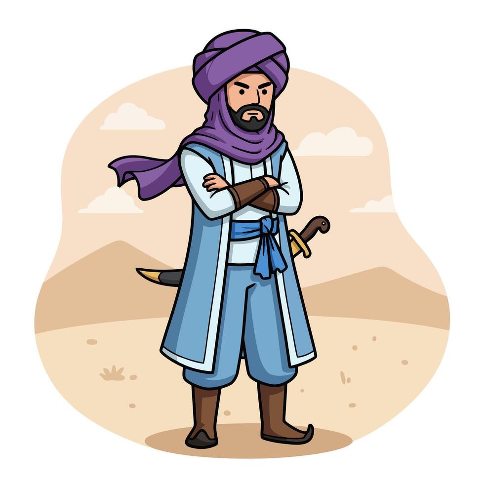 Cartoon Arabian Character Standing with Sword in Desert vector
