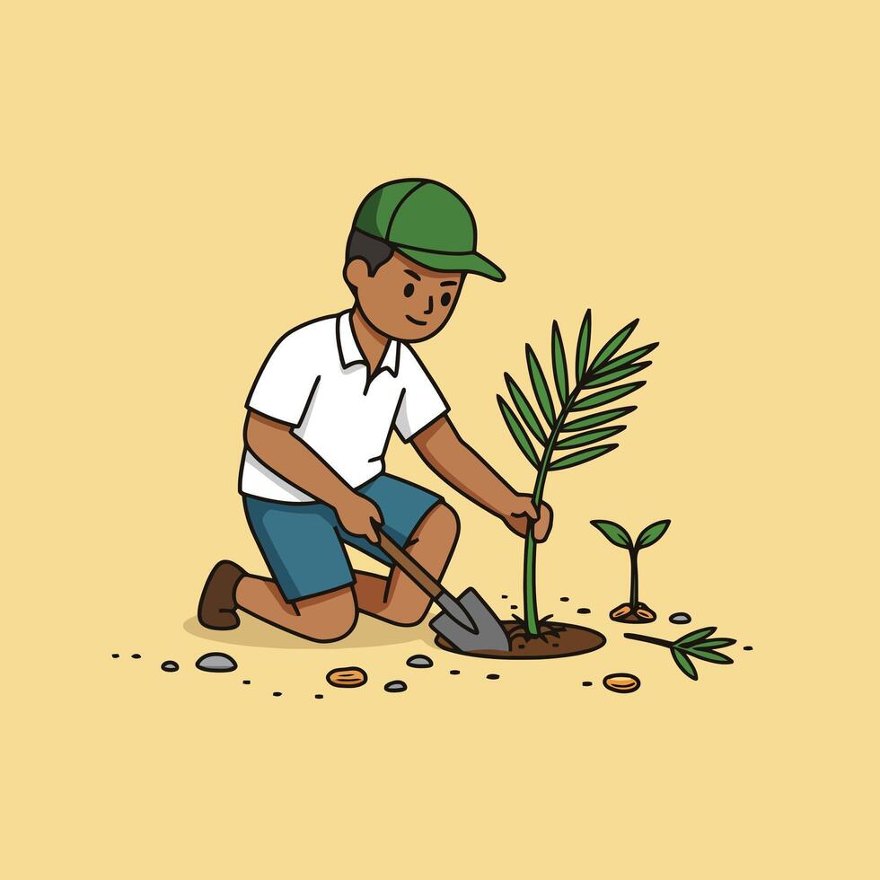 Boy Planting Tree Sapling with Shovel in Ground vector