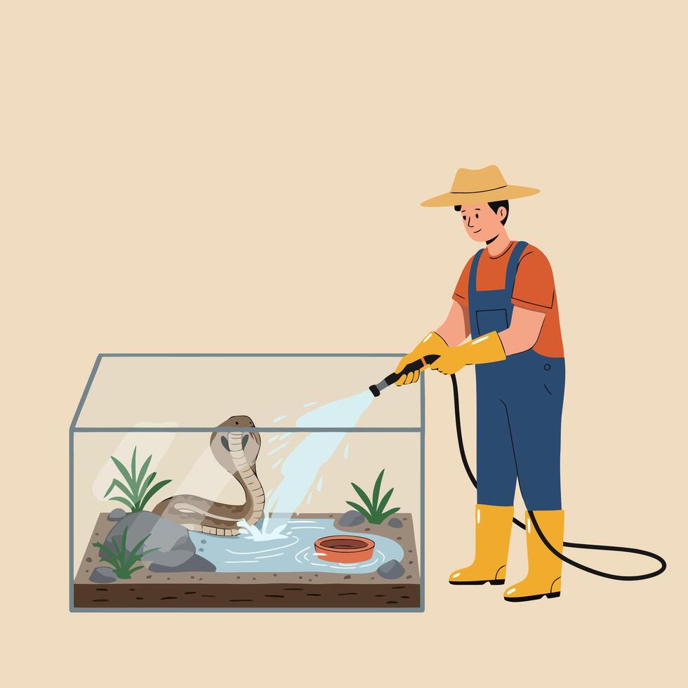 Keeper Cleaning Snake Enclosure with Water Hose vector