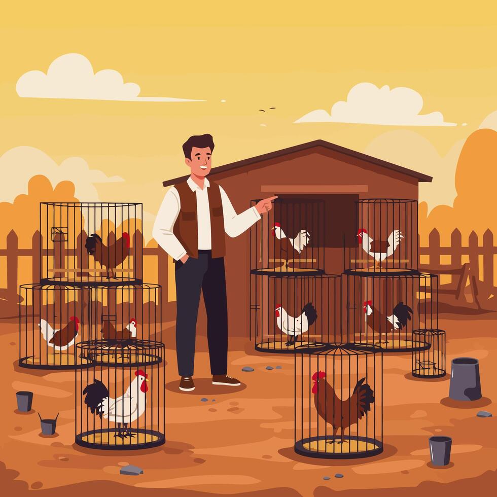 Man Pointing to Chickens in Cages at Farm Animal Market vector