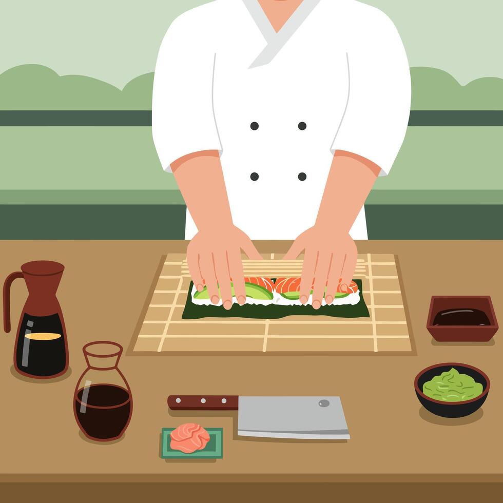 Chef Making Sushi Roll with Nori, Rice, Avocado and Salmon vector