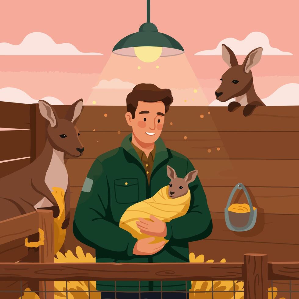Caring for Baby Animal with Mother in Enclosure vector