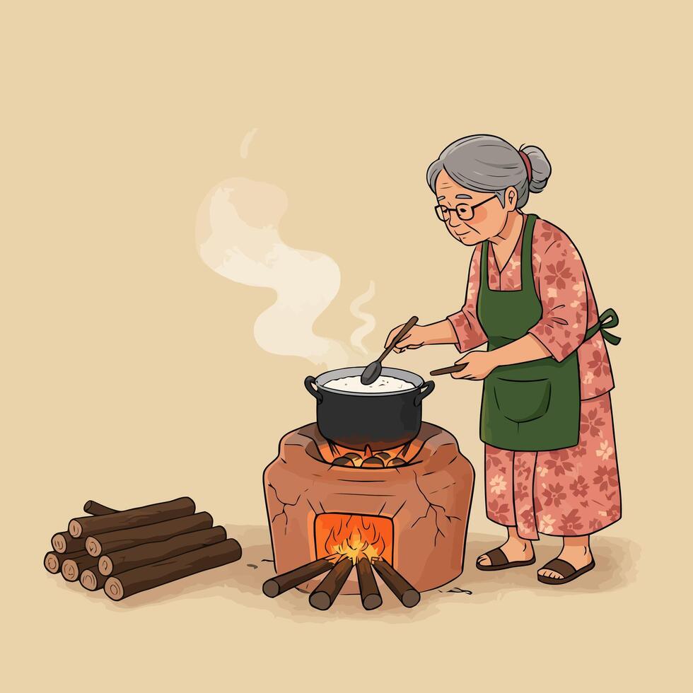 Woman Cooking Over Open Fire Cartoon Illustration vector