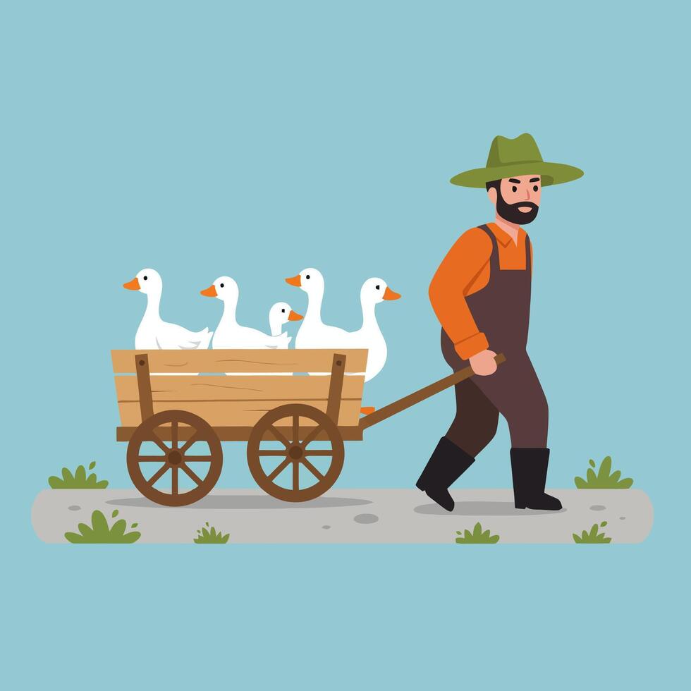 Farmer Pulling Wagon with Geese on the Farm vector