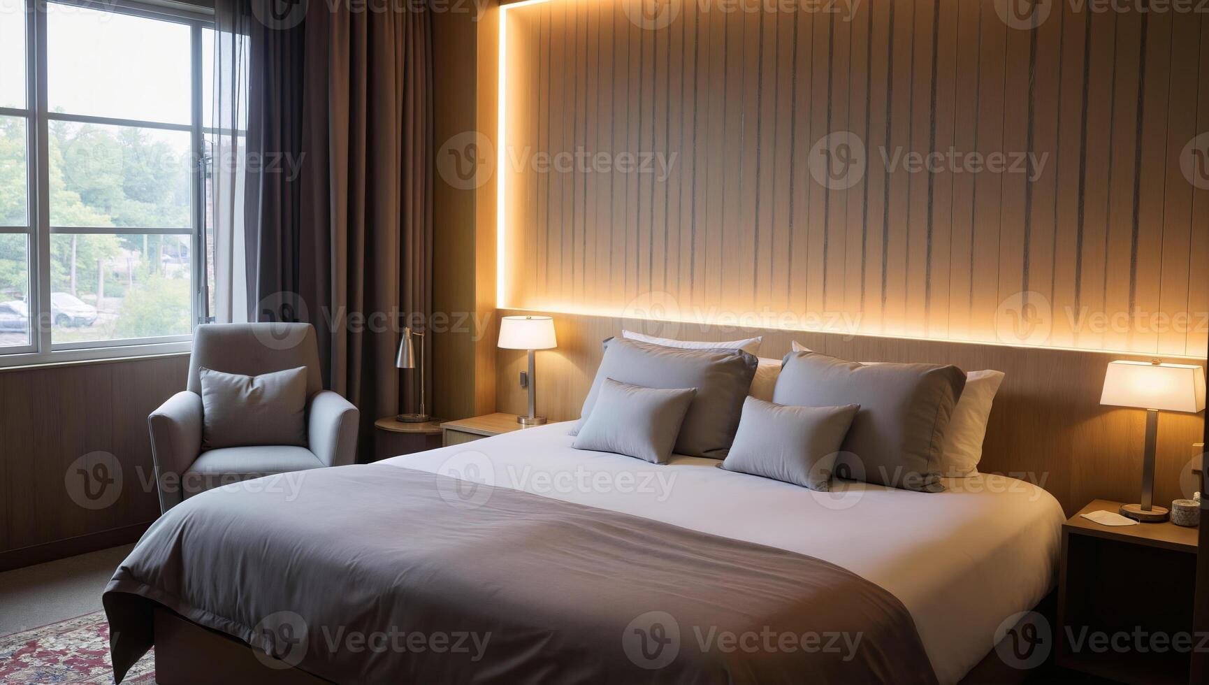 Modern Hotel Room with Comfortable Bed and Natural Light from Window photo