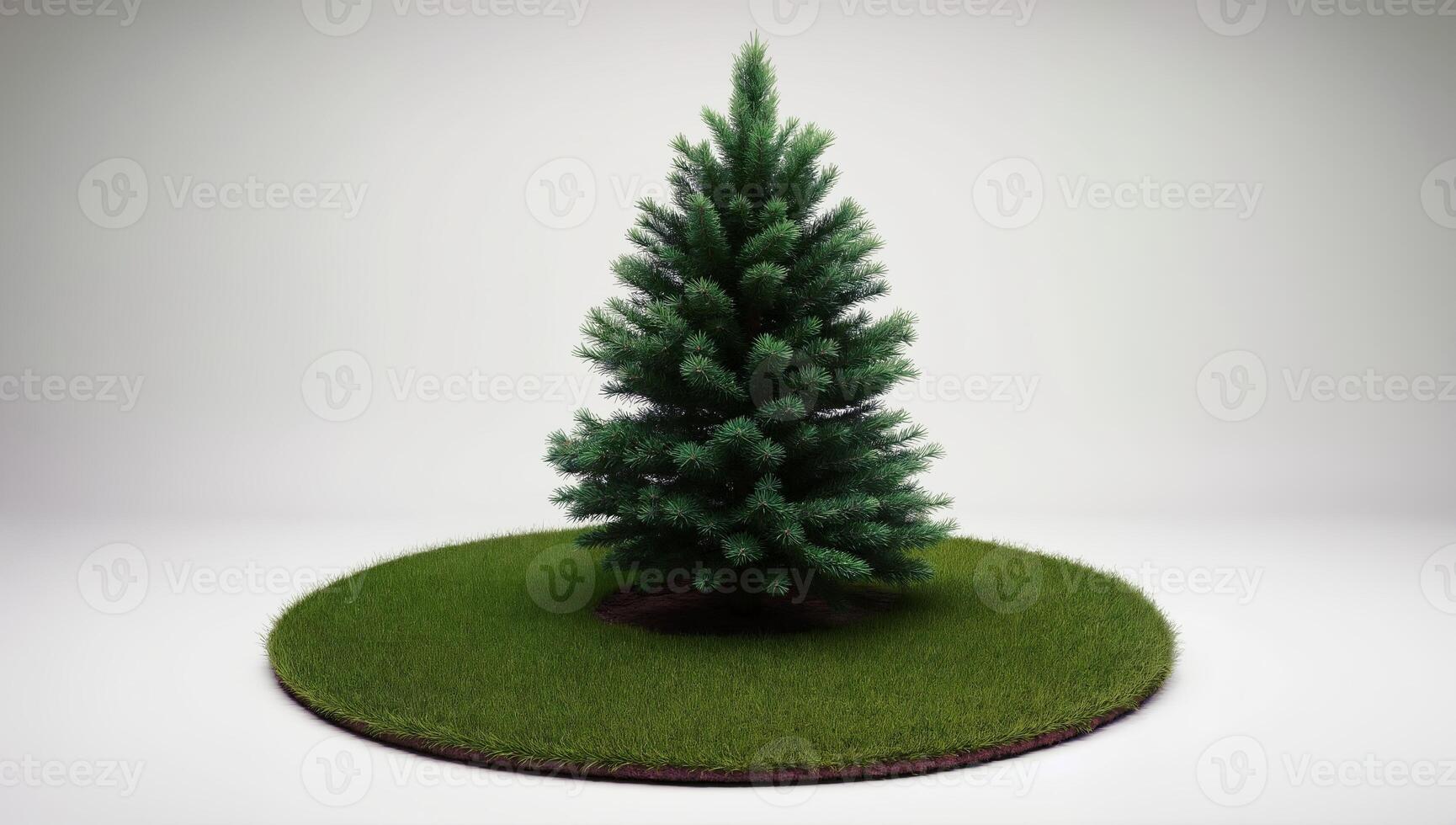 Realistic Green Pine Tree On Circular Grass Surface With Neutral Background Suitable For Various Design Projects photo