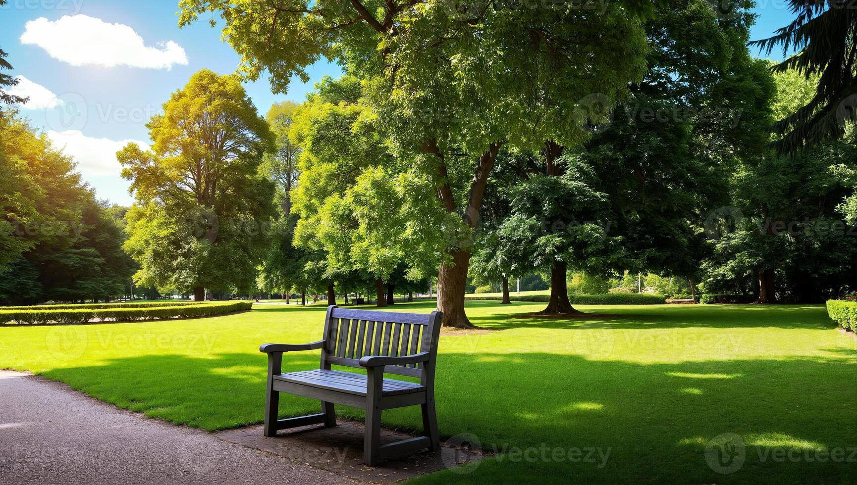 Scenic park view featuring a wooden bench on a well-manicured lawn surrounded by lush green trees under a bright blue sky photo