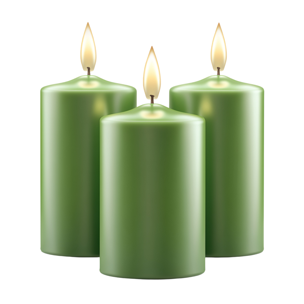 Trio of Green Wax Candles for Relaxation and Decor on Transparent Background png
