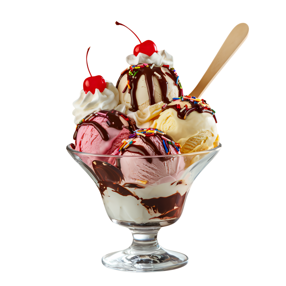 A glass bowl with ice cream and toppings png