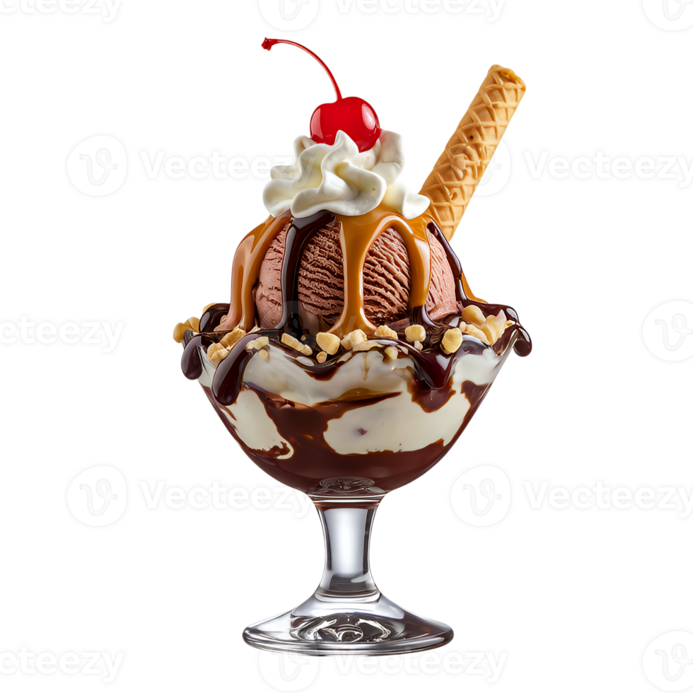 An ice cream sundae with chocolate, caramel and nuts png
