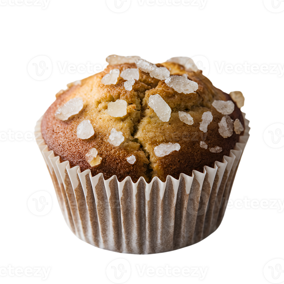 A muffin with sugar on top and a brown paper wrapper png