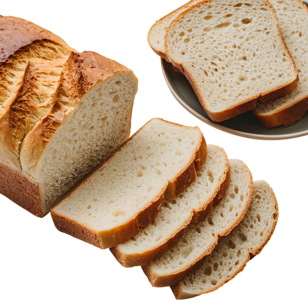 A loaf of bread and a plate of sliced bread png