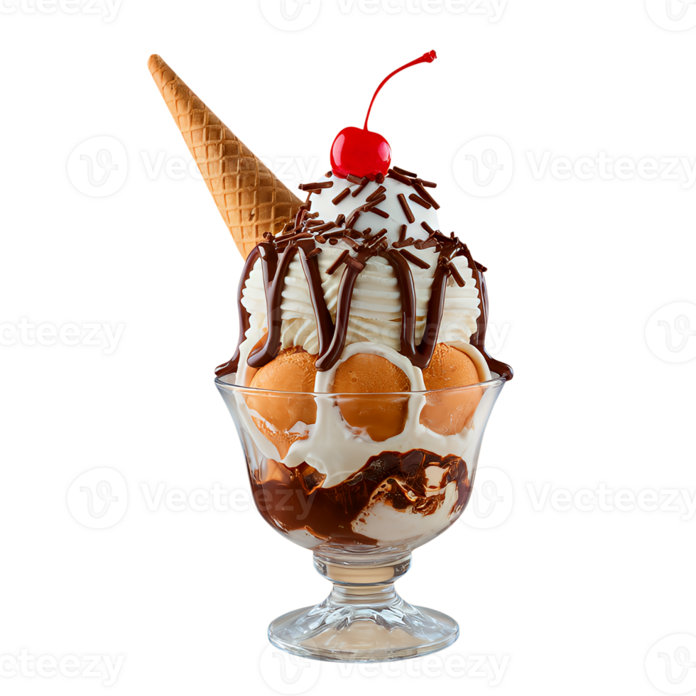 A sundae with ice cream, chocolate, and a cherry on top png