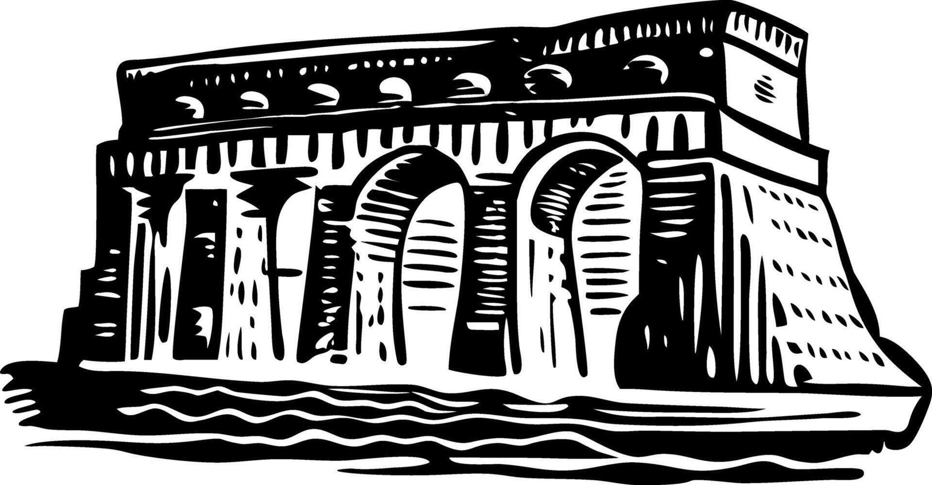 A black and white drawing of a castle vector