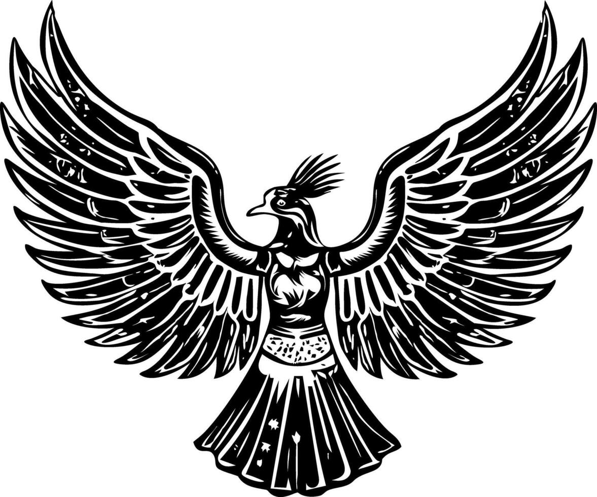 A black and white bird with wings spread out vector