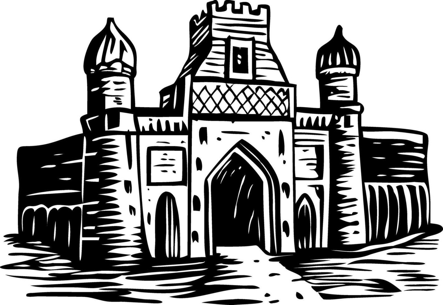 A drawing of a castle with towers and turrets vector