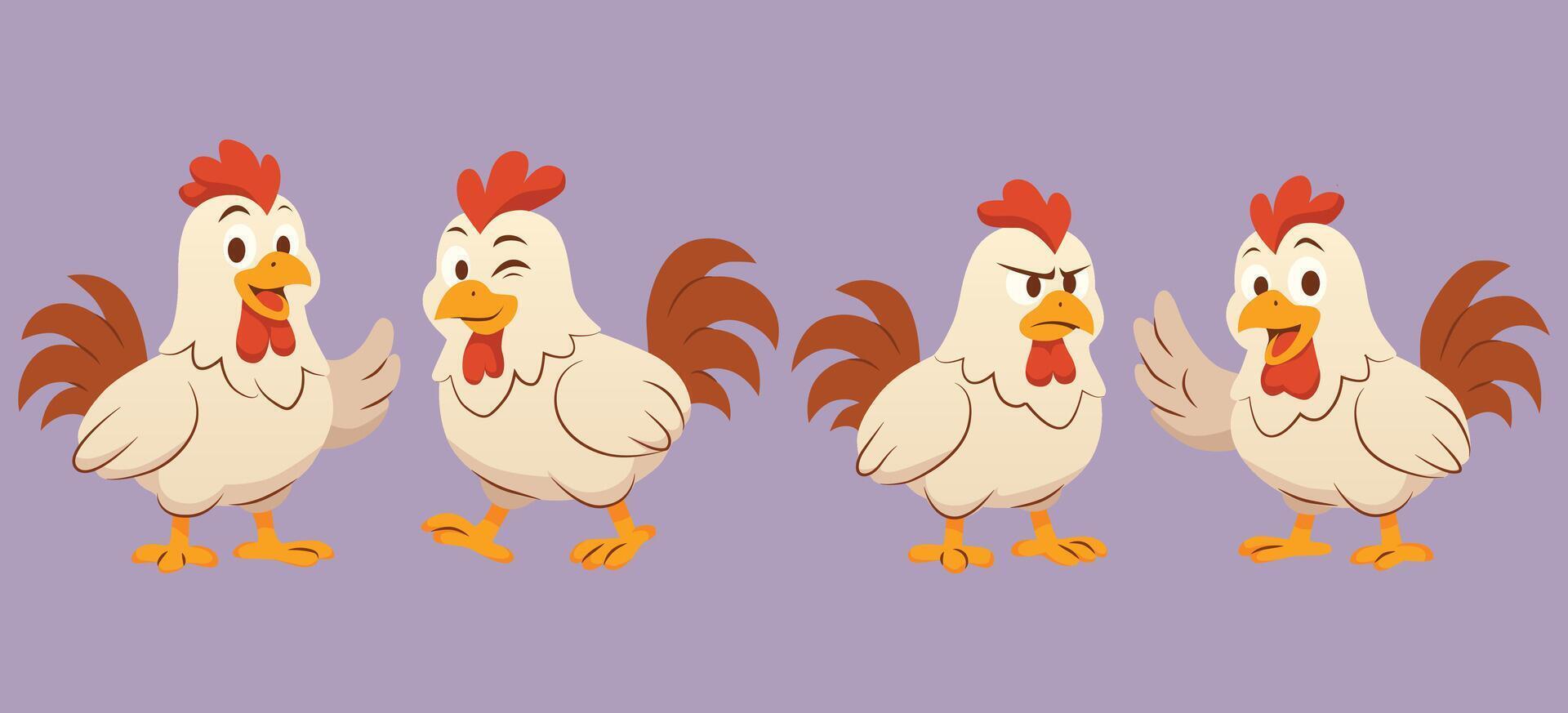 Set of Cute Rooster With Various Expression and Pose Cartoon Characters Flat Illustration vector