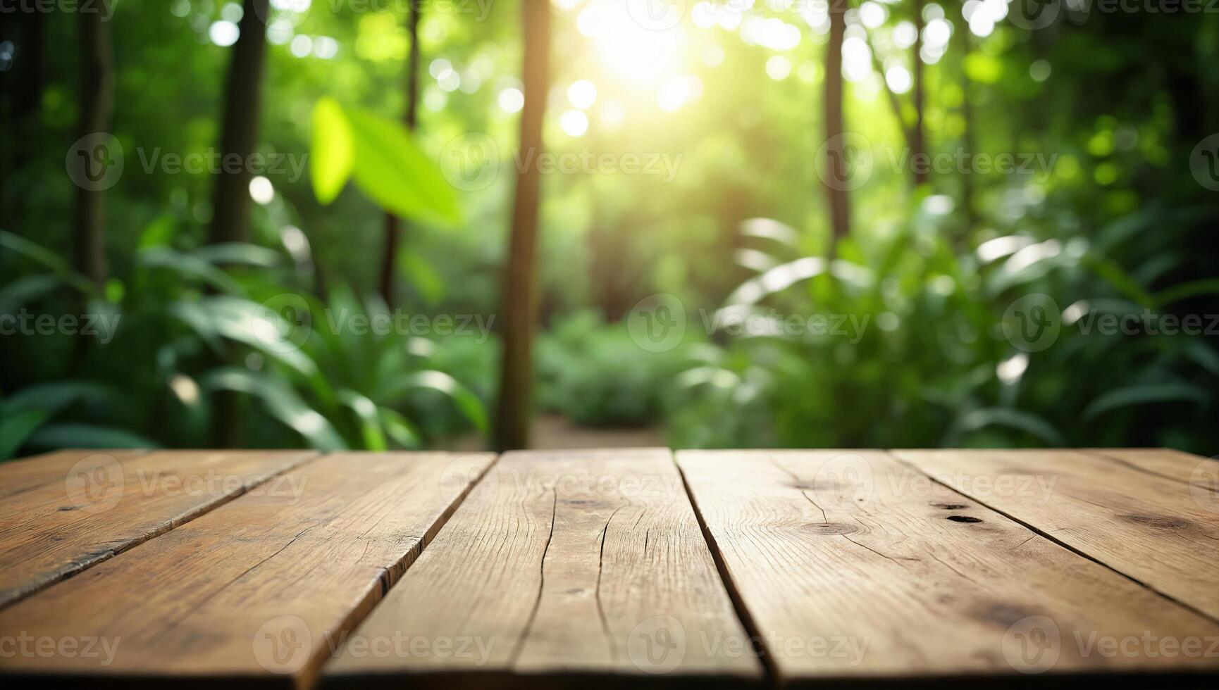 Sunlit Wooden Table Surrounded by Lush Greenery in a Serene Forest Setting photo