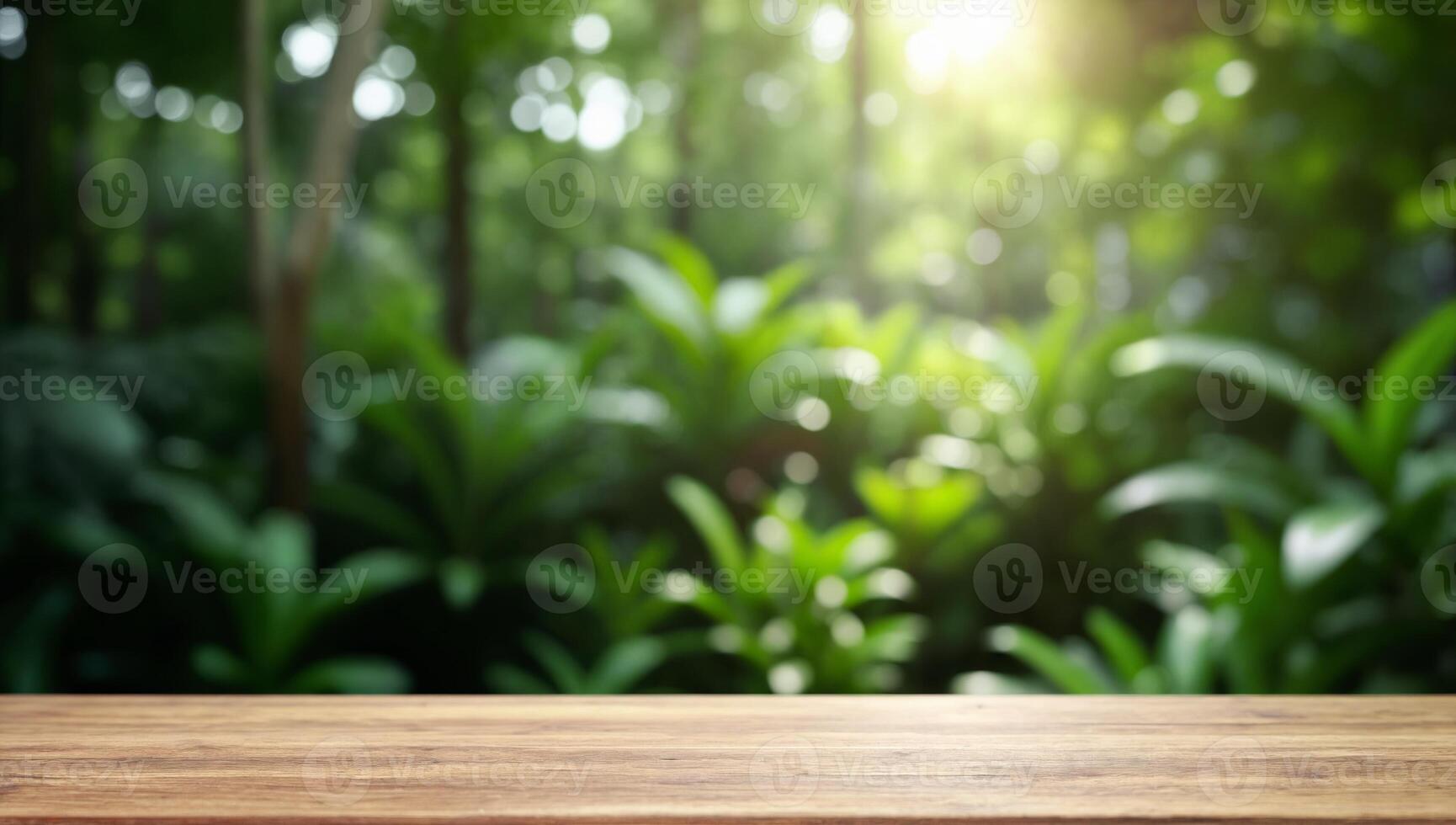 Natural Background with Bokeh Effect and Wooden Table in Foreground photo